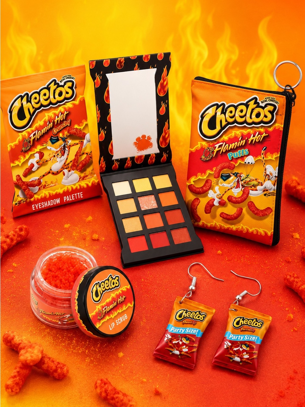 Flamin’ Hot Cheetos 4pc Beauty Set Eyeshadow Lip Scrub Bag Earrings